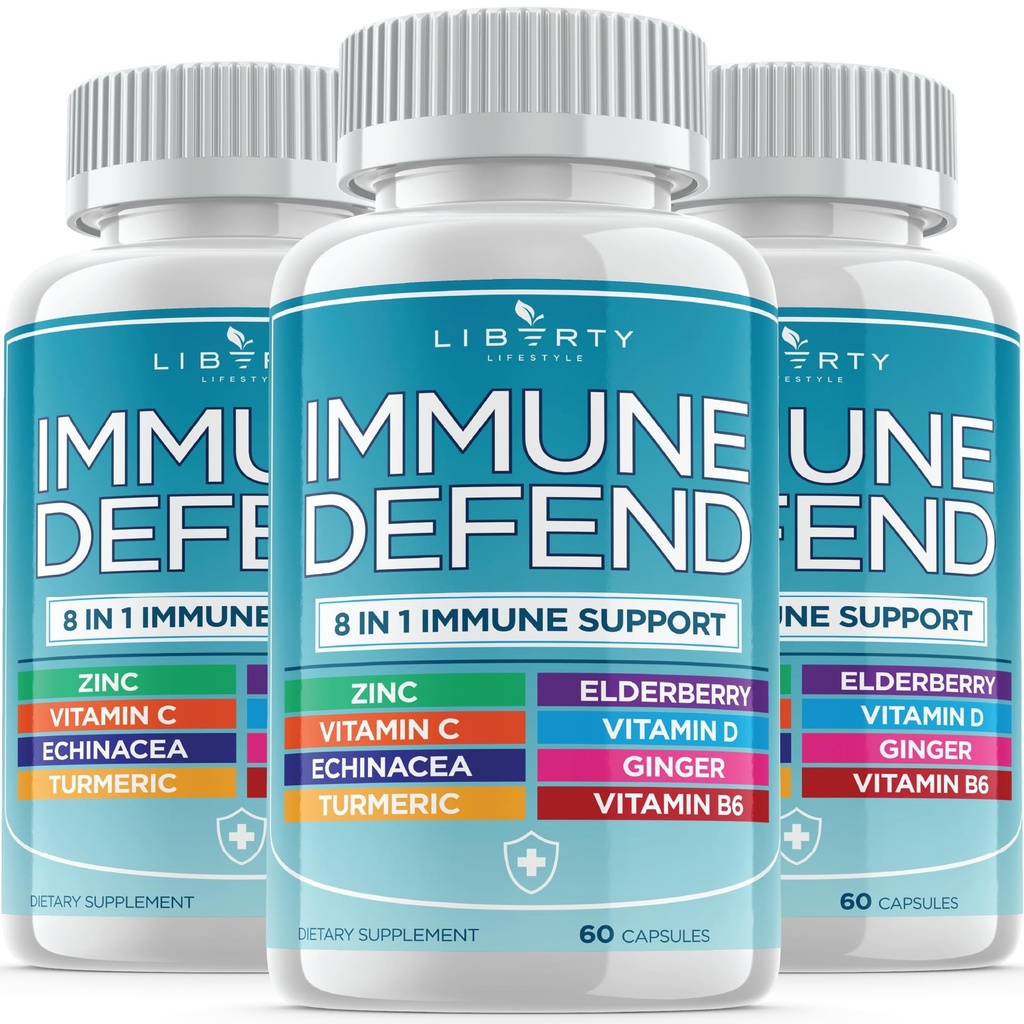 Liberty Lifestyle 8 in 1 Immune Supplement with Echinacea, Vitamin C and Zinc 50mg, Vitamin D 5000 IU, Turmeric Curcumin & Ginger, B6, Elderberry 180 Count (Pack of 3)