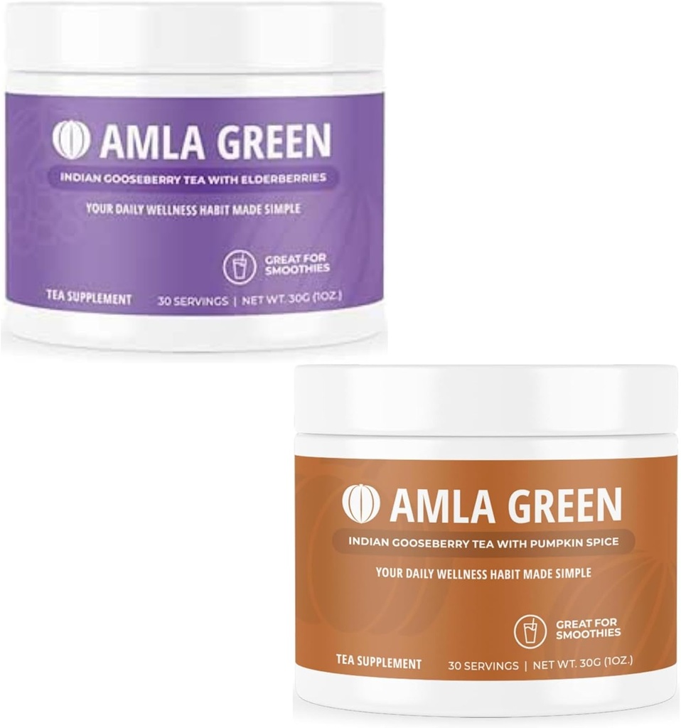 Amla Powder & Green Tea Superfood Supplement mit Elderberry & Kürbis Gewürze, Bio, Vegan, 30 Portionen