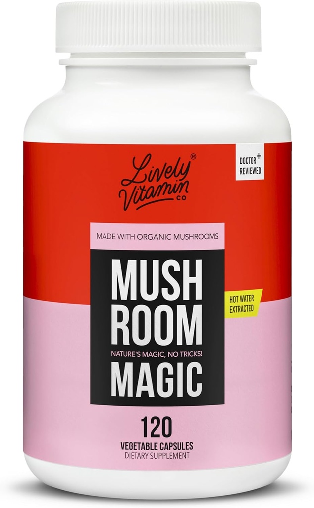 LIVELY VITAMIN CO. Mushroom Magic - Chaga - Cordyceps - Lions Mane - Turkey Tail - Reishi - Shiitake - Immune - Energie - Memory - Non-GMO - 120 Vegan Kapseln