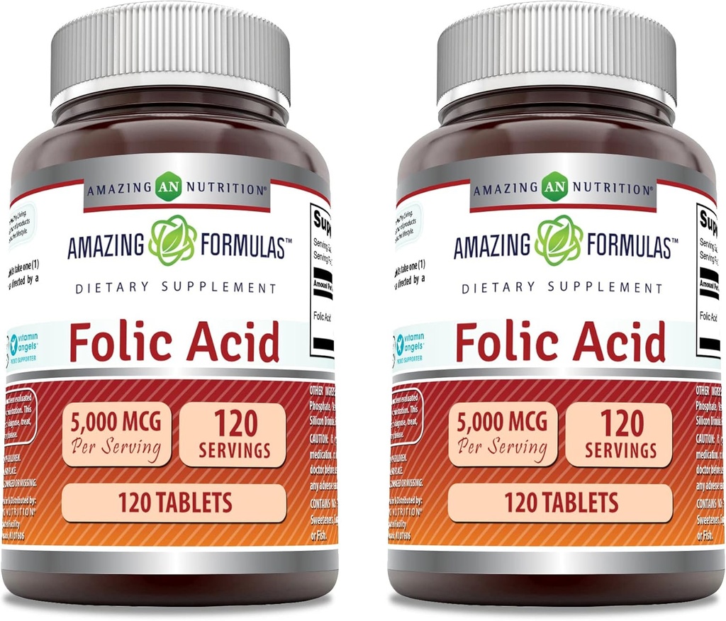Erstaunliche Formeln Folic Acid Supplement | 5000 Mcg | 120 Tabletten | Non-GMO | Gluten Free | Made in USA (2 Pack)