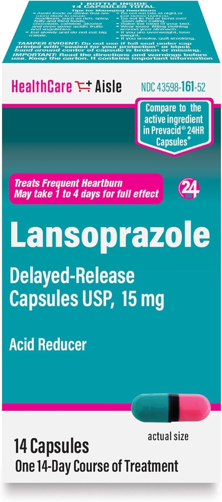 HealthCareAisle Lansoprazole 15 mg - 14 Delayed-Release Capsules - Acid Reducer, Treats Frequent Heartburn