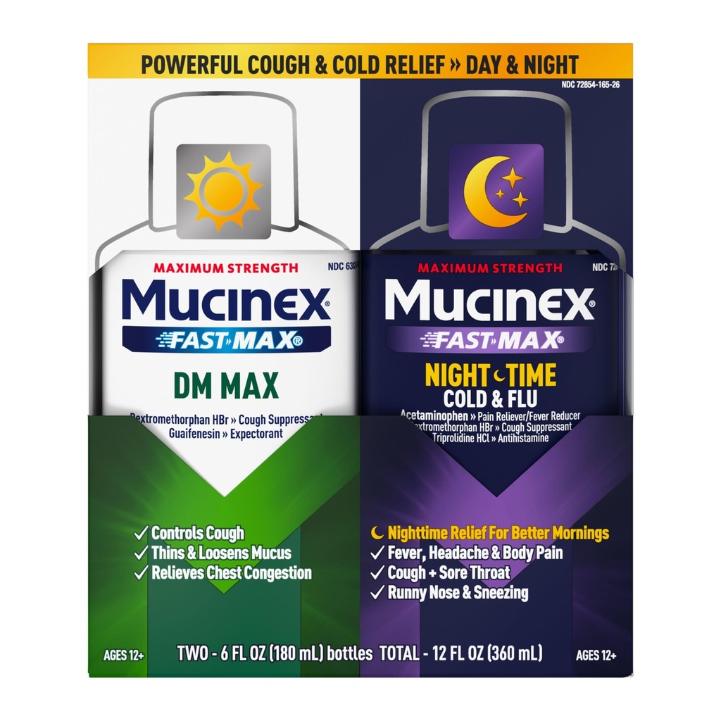Maximale Stärke Mucinex FastMax DM Max & Mucinex Nachtschicht Kalt & Flu Flüssigkeit (2 x 6 fl. oz.) Thins & Loosens Mucus, Relieves Cough & Chest Congestion, Schmerz, Fever, Sneezing, Sore Throat, Runny Nose