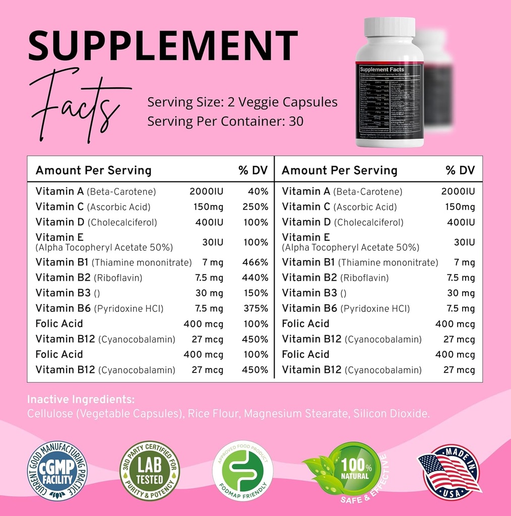 Stellar Labs Low FODMAP Vegan Women's Ultra Multi-Vitamin | Einfach zu digest Daily Multivitamin Ohne Eisen | Low Energy Supplement, Weibliche Unterstützung | Einfach zu schlucken Veggie Kapseln | 60 Zähler