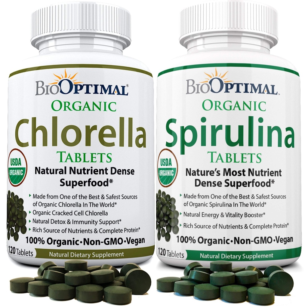 BioOptimale Chlorella Spirulina - Bundle - Organische Chorella Tablets & Organische Spirulina Tablets, 120 Zähler, Premium Qualität 4 Bio-Zertifizierungen