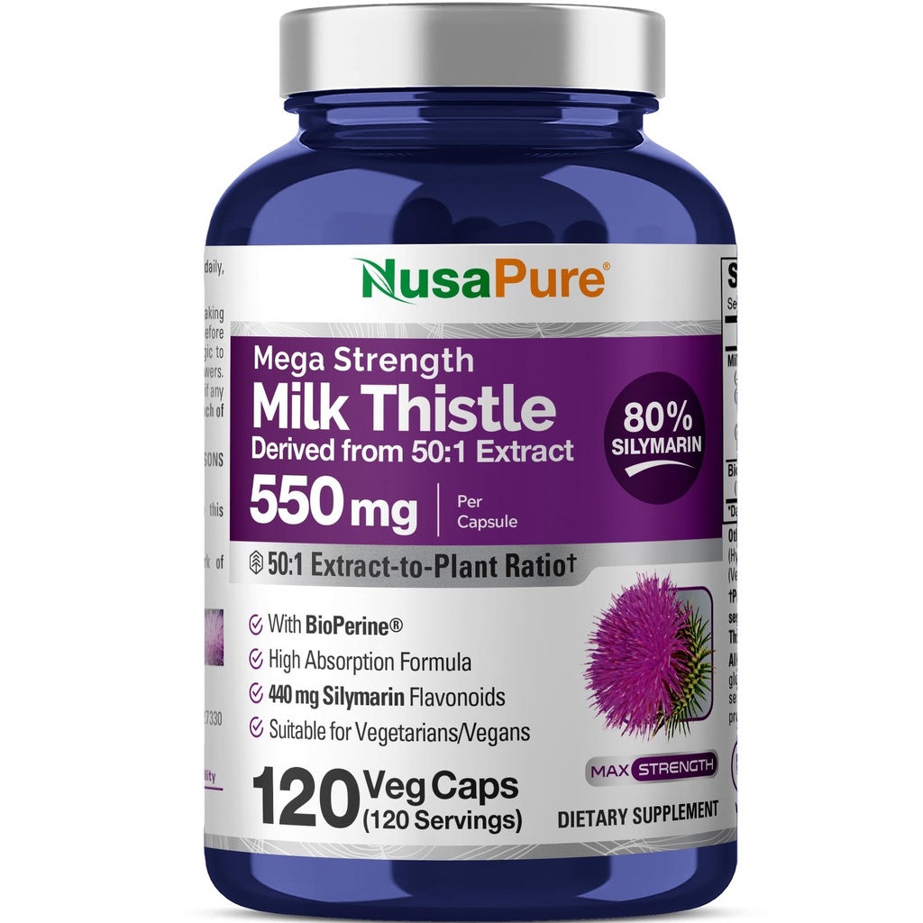 NusaPure Milk Thistle 50:1 Extrakt, 550 mg Äquivalent zu 27.500mg 120 Veggie Kapseln Non-GMO, Vegan Max Strength - Standardisiert 80% Silymarin, Bioperine
