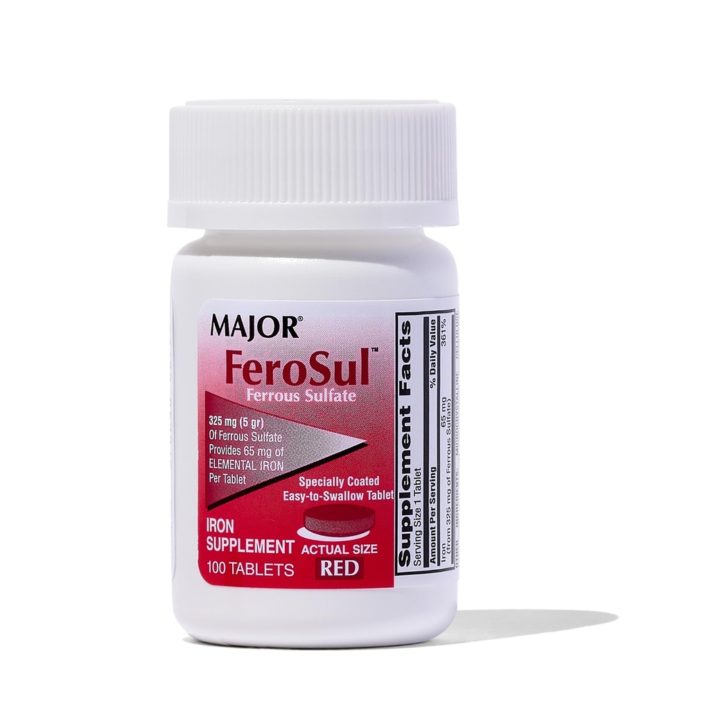 Major Ferosul - Sulfate de fer 325mg Comprimés avec 65mg de fer élémentaire - Supplément de fer pour les femmes, les hommes - Rouge - 100 comprimés - Pack de 1