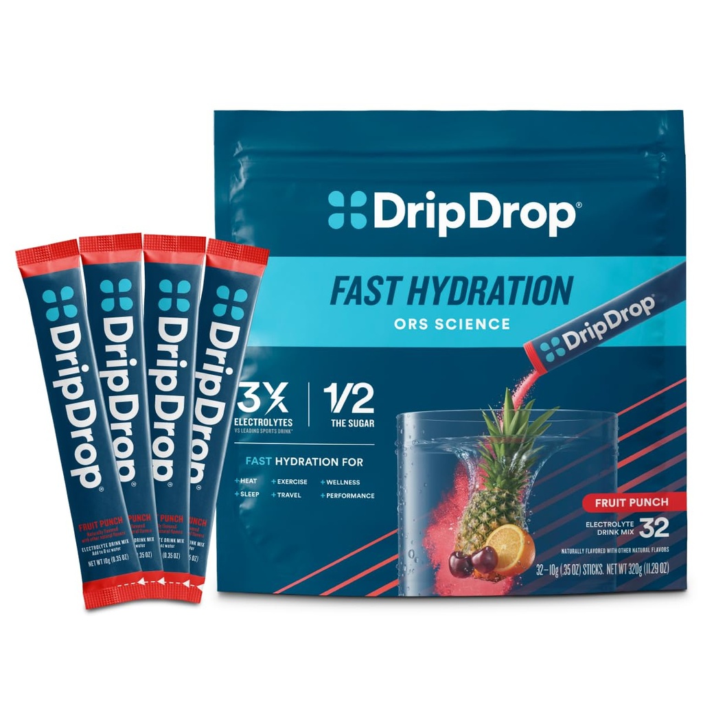 DripDrop Packets d'hydratation - Punch aux fruits - Mélange de poudre d'électrolytes à usage unique - Non-OGM, sans gluten, végétalien - 32 bâtonnets