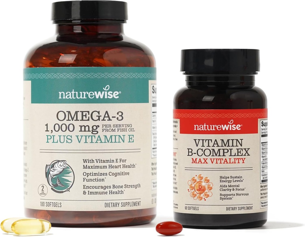 NatureWise 1000mg Omega 3 600mg EPA 400mg DHA mit Vitamin E 180ct & Vitamin B Complex für Cellular Energy 60 Softgels[2-Monat]