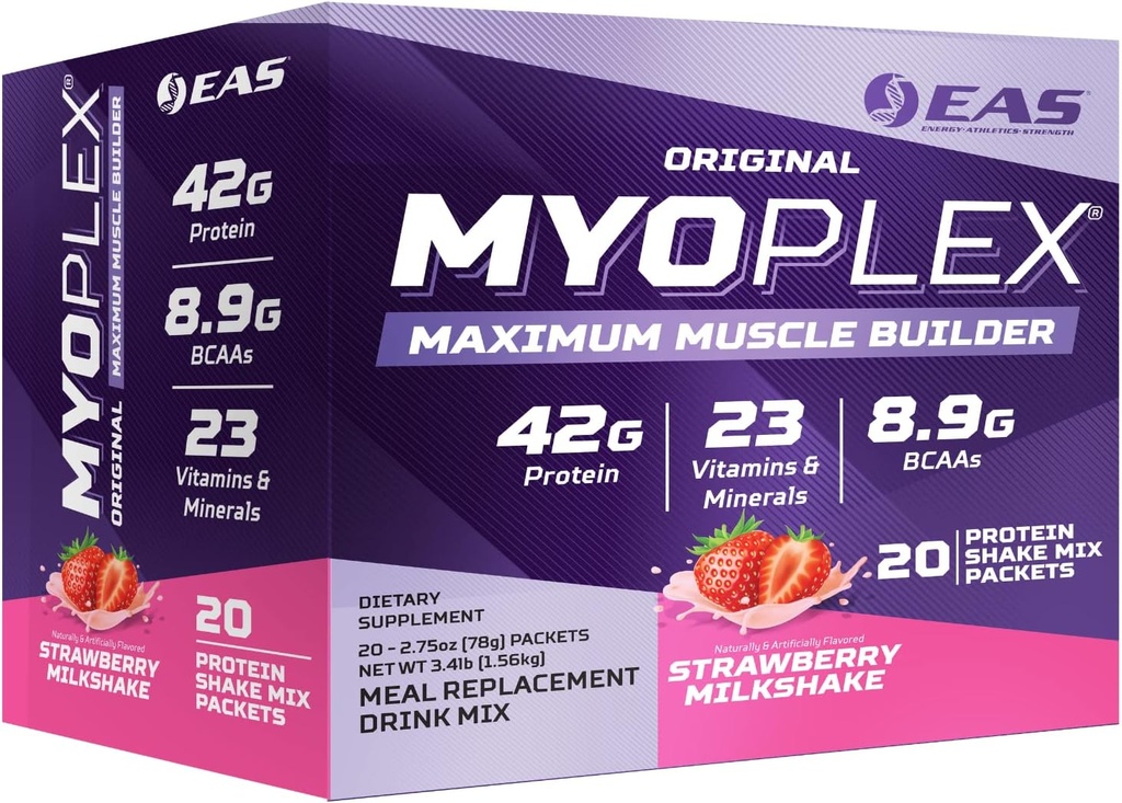 EAS Original Myoplex Maximum Muscle Builder | Meal Replacement Protein Drink Mix | Quality Protein Blend | 42g Protein | 20 Individuelle Pakete (Strawberry Milkshake)