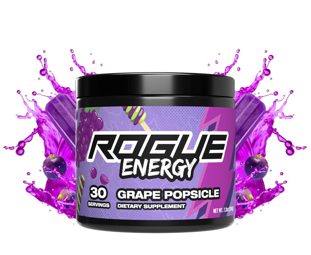 Rogue Energy Drink Powder for Long Gaming Hours - Gaming Energy Powder for Mental Focus - Sans sucre et sans gluten - Supplément de jeu avec caféine et vitamines - Fabriqué aux États-Unis (Grape Popsicle - 30 portions)