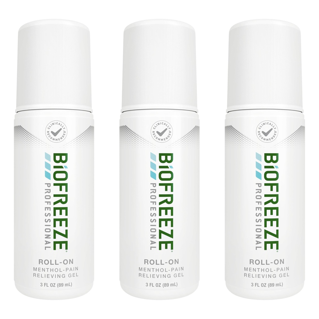Biofreeze Professional Pain Relief Roll On, Travel Size Arthritis Discomfort Reliever, Fast Acting & Long Lasting Formula, Cooling Menthol Gel 3 Fl Oz (Pack of 3)