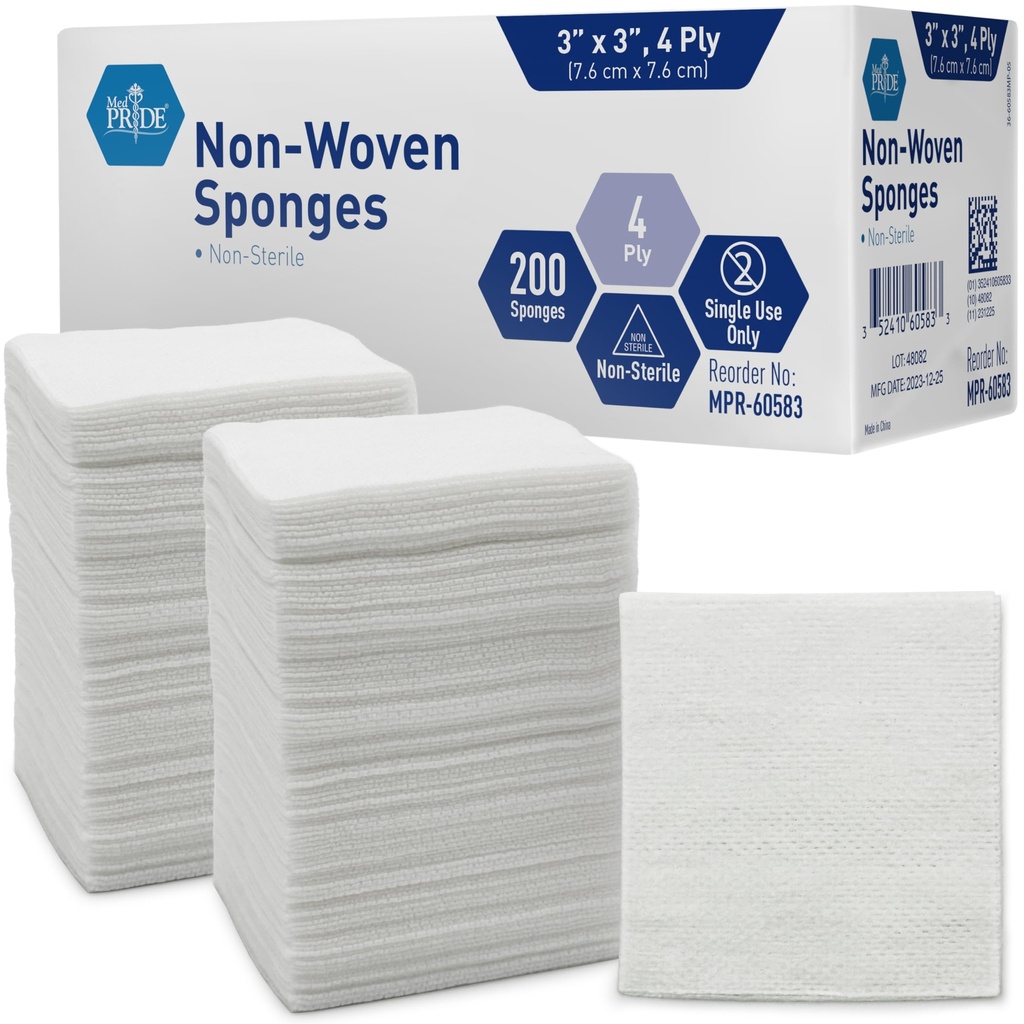 MED PRIDE 3x3 in Gauze Pads 200 Pack, Nonsterile, 4 Ply, Nonadherent Mesh Bandages, Absorbent Wound Care Dressing Schwamme
