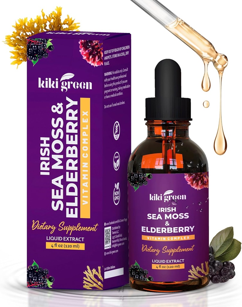 KIKI Green Liquid Irish Sea Moss + Elderberry Drops - Ultra Concentrated Sea Moss Supplement von Raw Sea Moss und Elderberry für Immununterstützung, Health Support, 2 Fl Oz