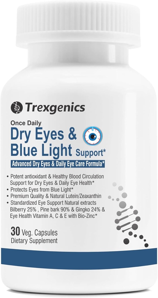 Trexgenics Dry Eyes & Blue Light Support Einmal täglich Vegetarische Formel mit Lutein 10mg, Zeaxanthin 2mg, Bilberry, Ginkgo, Pine Bark, Vitamin C, Zink & Vitamin A (30 Veg Kapseln)