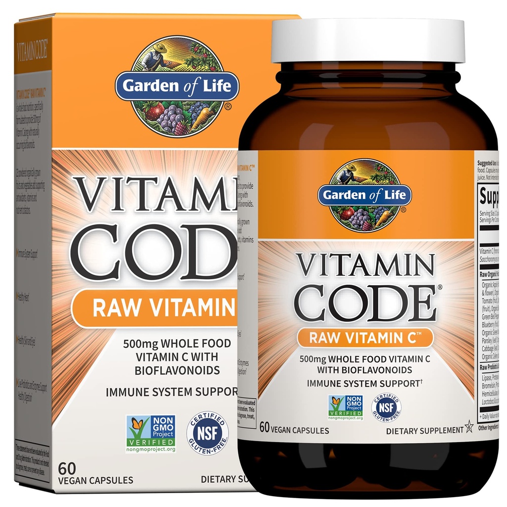 Garten des Lebens Vitamin-Code Rohe Vitamin C - 60 Kapseln, 500mg Ganze Nahrung Vitamin C Kapseln + Frucht & Veggie Mischung & Probiotika, Ergänzungen für Erwachsene, Vegan, Glutenfrei