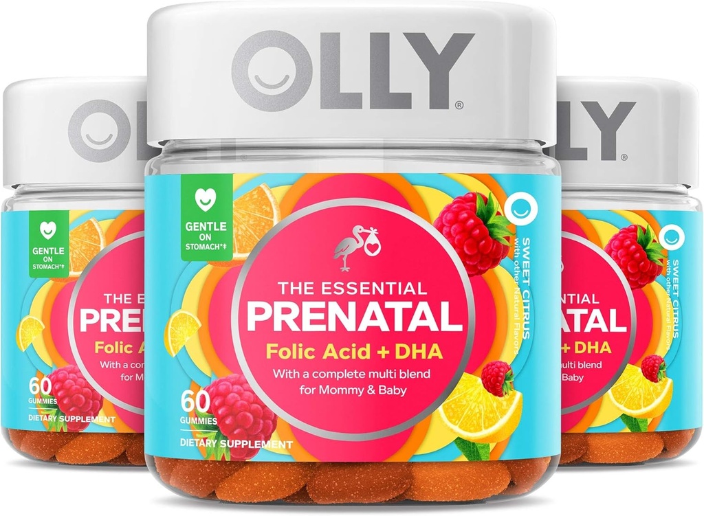 Olly Prenatal Multivitamin Gummy, Folsäure, Vitamin D, Omega DHA, Kaubare Ergänzung, 60 Gummie Citrus 3 Count