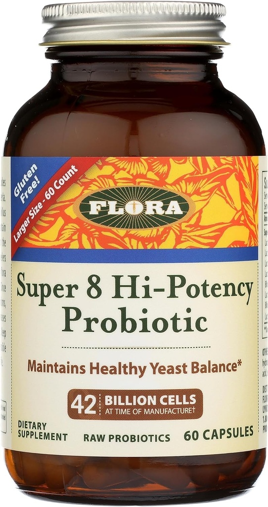 Flora - Super 8 Hi Potency Probiotics 60 Count - Gesunde Hefe Balance & Digestive Health - für Männer & Frauen - 42 Billion CFU, Rohe, Glutenfrei - Bis zu 2 Monate Versorgung
