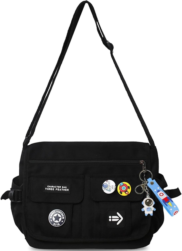 Mode Crossbody Tasche mit niedlichen Accessoires Nylon Freizeit Messenger Tasche mit Anhänger Leichte Handtasche Reise Daypacks (Schwarz)