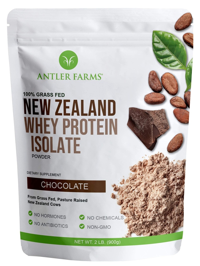 Geweihfarmen - 100% Gras Fed Neuseeland Whey Protein Isolate, Schokoladengeschmack, 2 lbs - Rein und sauber, 4 Inhaltsstoffe, Köstlich, Kaltverarbeitet