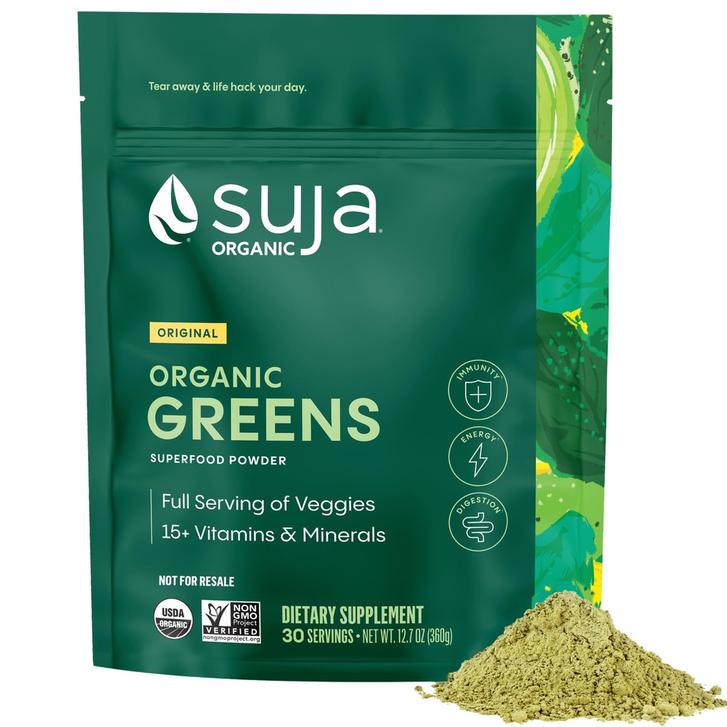Suja Bio Greens poudre mélange probiotique, spiruline, boisson quotidienne super-alimentaire ou mélange smoothie pour le soutien immunitaire, la digestion, et l'énergie, végétalien, sans gluten, non OGM, 30 portions