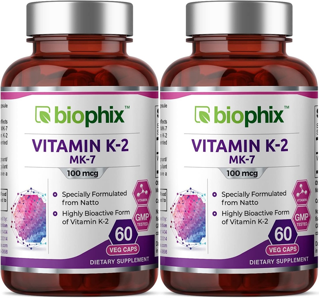 Biophix Vitamin K2 MK-7-100 mcg 60 Vcaps 2 Pack - Unterstützt starke Knochen Immungesundheit