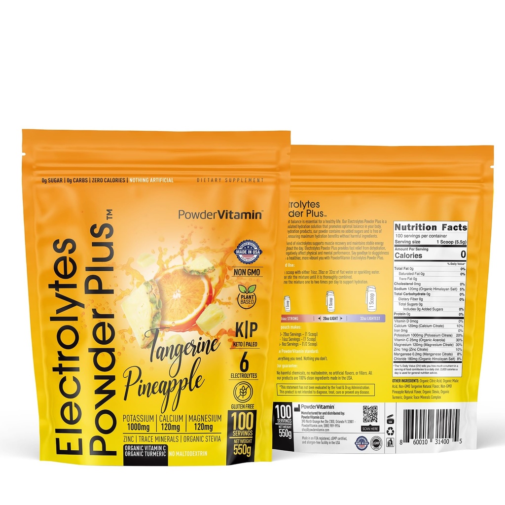 PoudreVitamine Electrolytes Poudre Plus (100 portions) Ananas Tangerine Electrolyte Poudre Zéro Calorie Keto,0Sucre, Non Maltodextrine,1000mg Potassium,120mg Calcium,120mg Magnésium, Poudre d'hydratation