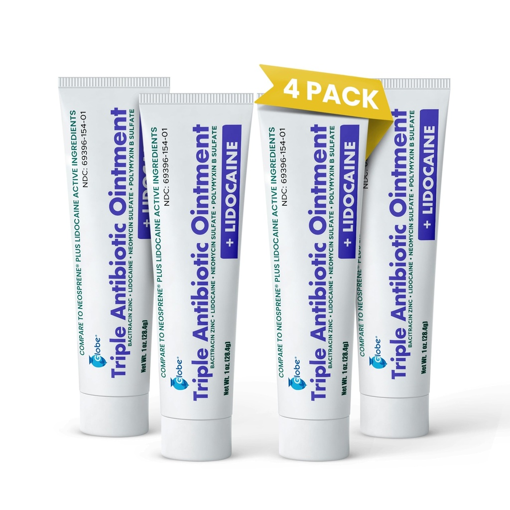 Globe (4-Pack) Lidocaine Erste Hilfe Antibiotische Salbe 1 Oz - maximale Stärke Schmerzlinderung & Infektionsschutz - Numbs Haut Fast mit Lidocaine - Notfalleinsatz & Infektionsschutz