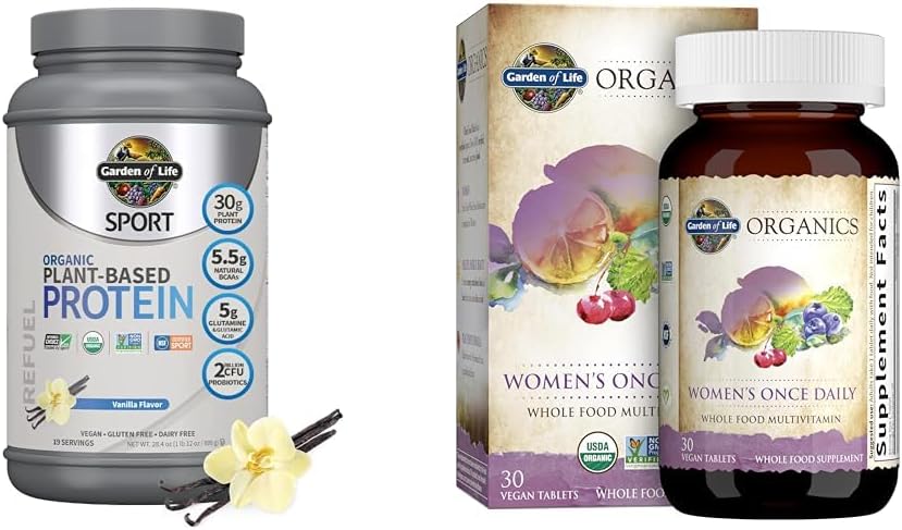 Garten des Lebens Bio Vegan Sport Protein Pulver & Einmal täglich Frauen Multi - Probiotika, BCAAs, Antioxidantien, 30g Pflanzenprotein, Vitamine A C D3 K B6 B12, Non GMO