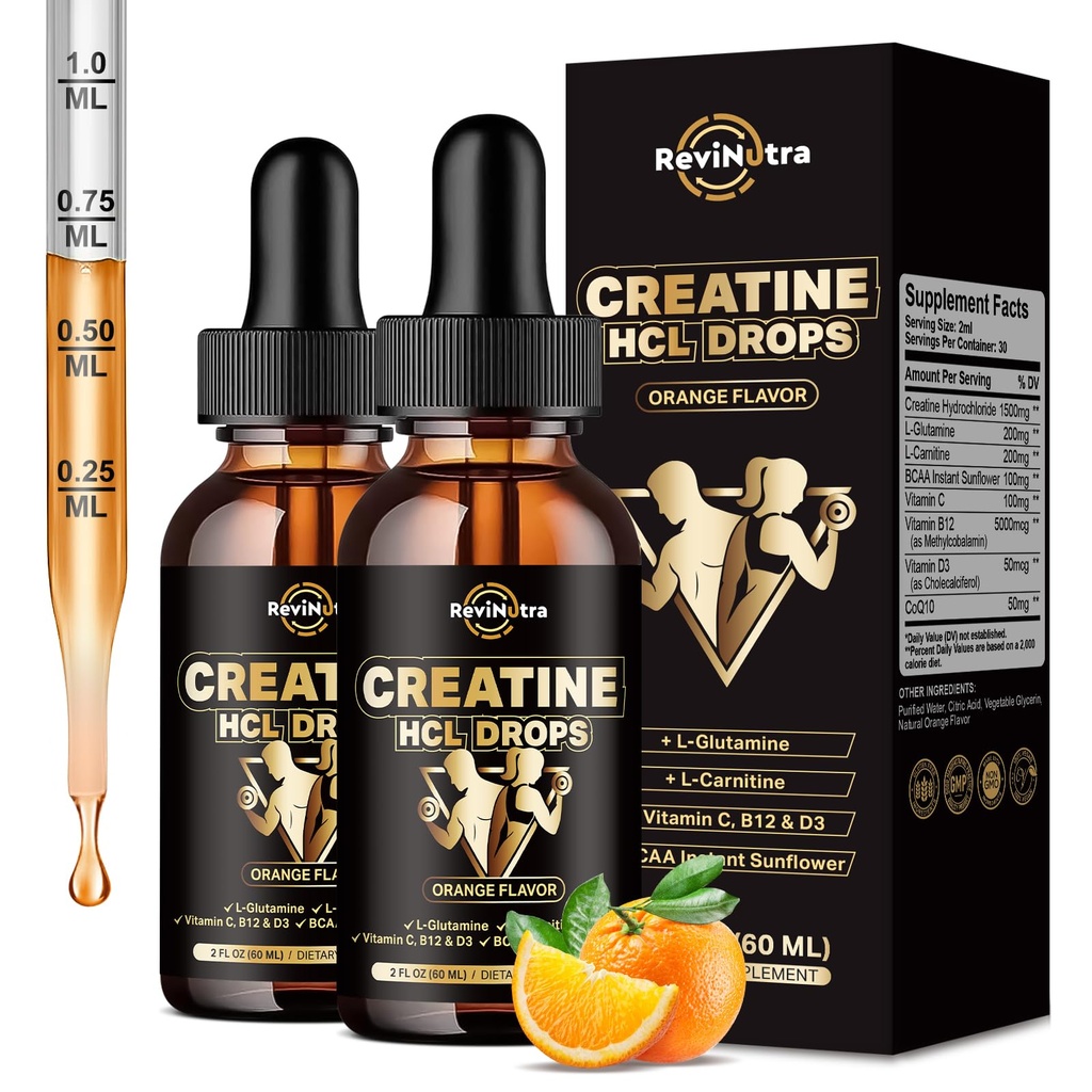 2 Pack Creatine HCL gouttes liquides pour les hommes et les femmes, 1500mg chlorhydrate de créatine liquide, haute absorption, 2 Fl Oz, sans sucre d'orange