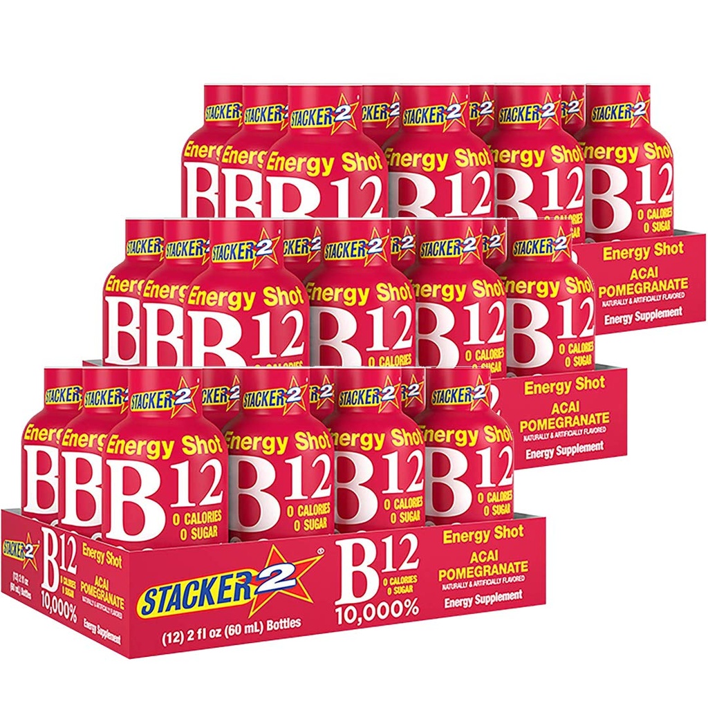 Stacker 2 Vitamin B Complex B12 B6 B3 Liquid Energy Shots - Acai & Pomegranate - Cyanocobalamin, 10.000% DRV - B-6 Pyridoxin 40mg - B3 Niacinamid (Niacin) 20mg - BASED BOX Bundle (2oz, Packung 36)