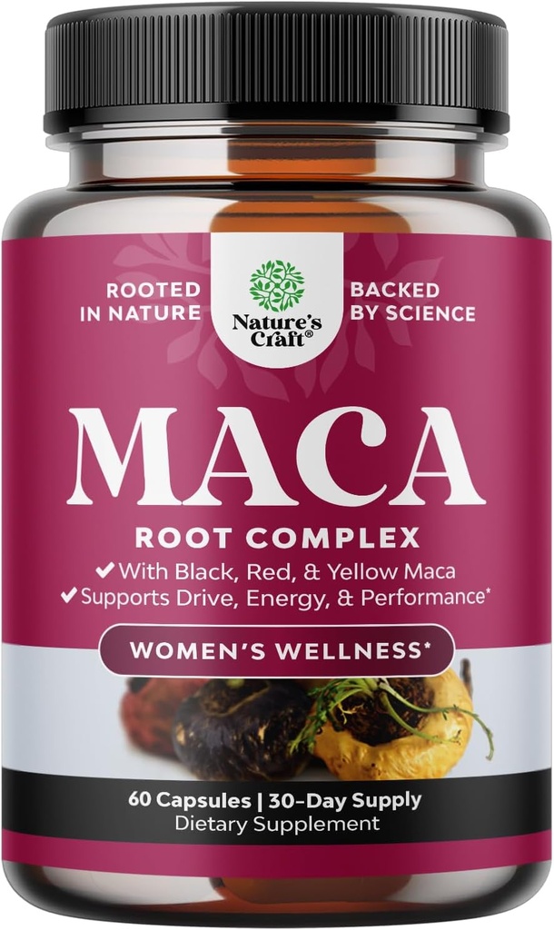 Organic Maca Root Capsules for Women - Potent Herbal Supplement with Female Enhancing Blend of Red Yellow & Black Maca Root - Non-GMO Certified Vegan and Gluten-Free with No Artificial Colors - 60ct