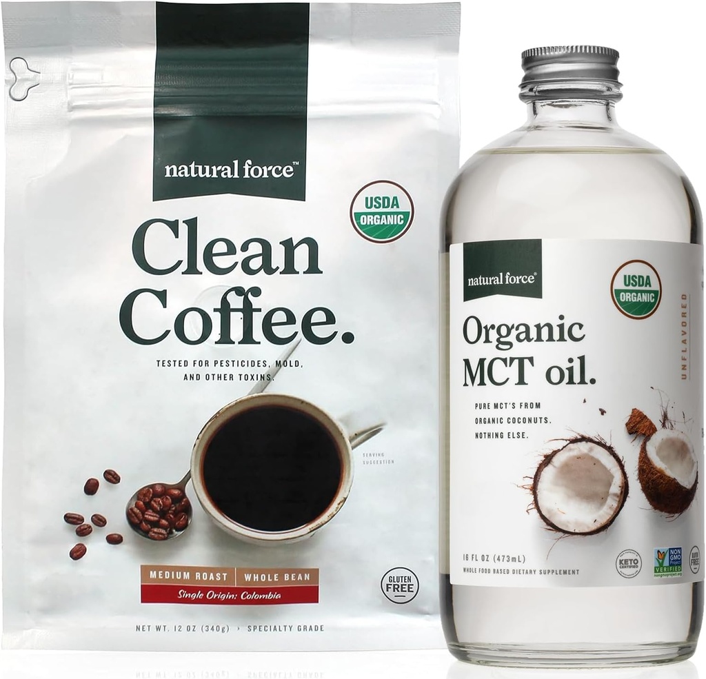 Natural Force Organic Clean Coffee + Organic MCT Oil Bundle – 100% reine Kokosnuss MCT & Mold & Mycotoxin Free Coffee – Non-GMO, Keto, Paleo und Vegan - 12 Oz Bag und 16 Oz Glasflasche