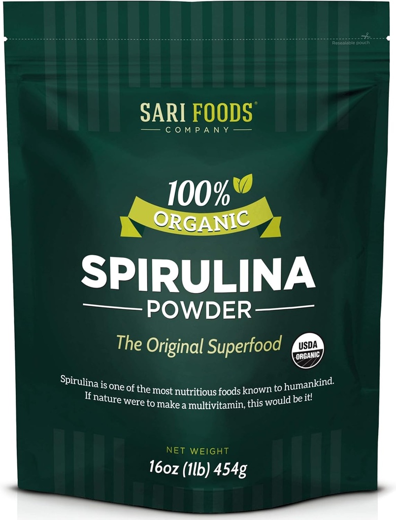 Bio Spirulina Pulver (16 Unze): Natürlich Vegan, liefert Folat, Vitamin B12, Eisen, Omega-Fettsäuren, GLA, Beta Caroten, Chlorophyll, Aminosäuren