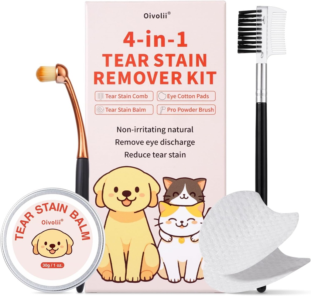 Tear Stain Remover Kit für Hunde & Katzen mit Tear Stain Comb, Tear Stain Balm, Eye Cotton Pads, Pro Powder Brush Gently entfernen Tear Stain, Eye Debris, Discharge, Mucus Secretions