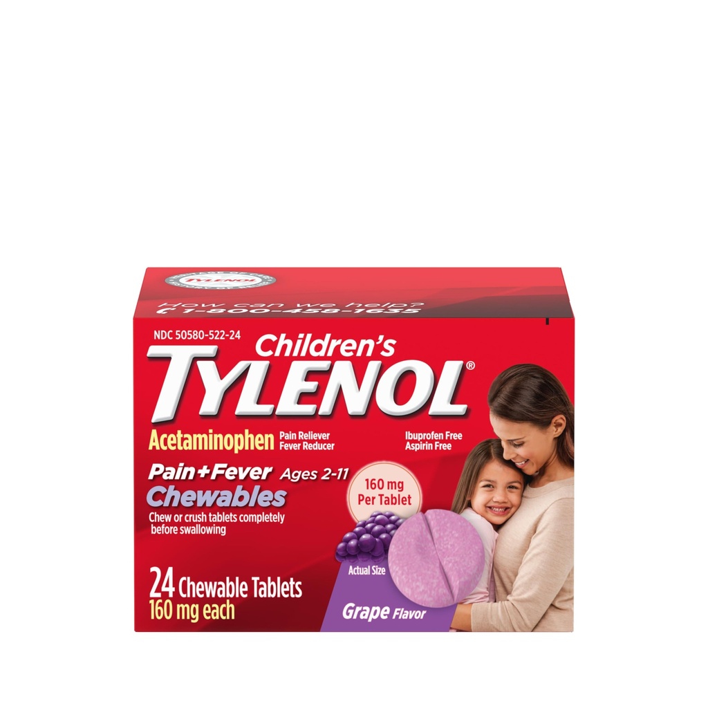 Tylenol pour enfants Chewables avec 160 mg d'acétaminophène, analgésique et réducteur de fièvre pour les symptômes du rhume et de la grippe chez les enfants, maux de tête, mal de gorge et de dents, sans aspirine, arômes de raisin, 24 ct