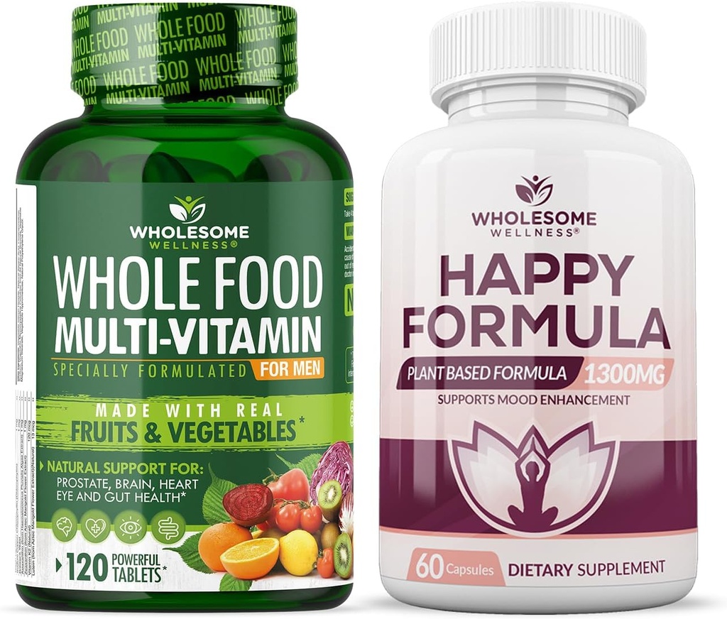 Wholesome Wellness Whole Food Multivitamin for Men - Natural Multi Vitamins, Minerals, Organic Extracts Happy Formula Natural Formula Relief Supplement Bundle