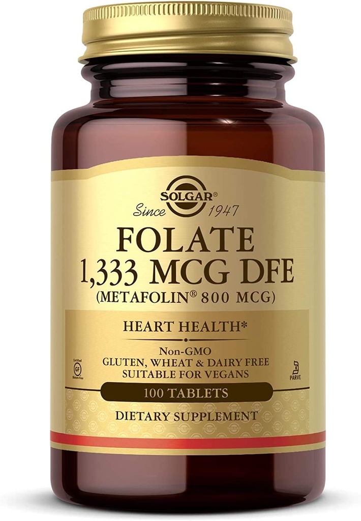 Solgar Folate 1.333 mcg DFE, 100 Tabletten - 800 mcg Bio-Active Metafolin - Herzgesundheit - Non-GMO, Vegan, Glutenfrei, Dairy Free, Kosher - 100 Servierungen