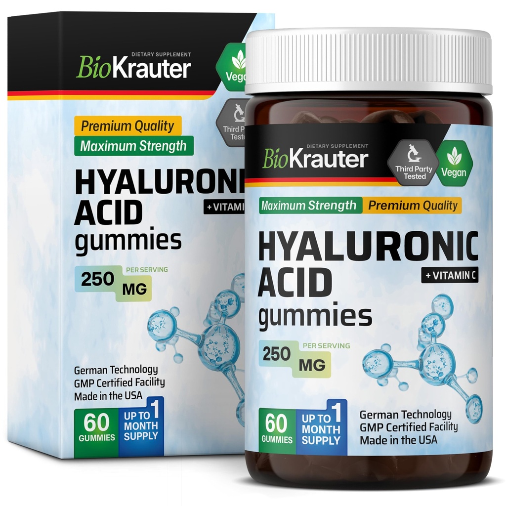 BIO KRAUTER Hyaluronsäure-Gummien w/Vitamin C - 250 mg - 60 Vegan Chews - Hyaluronsäure-Ergänzungen - Pectin-Based