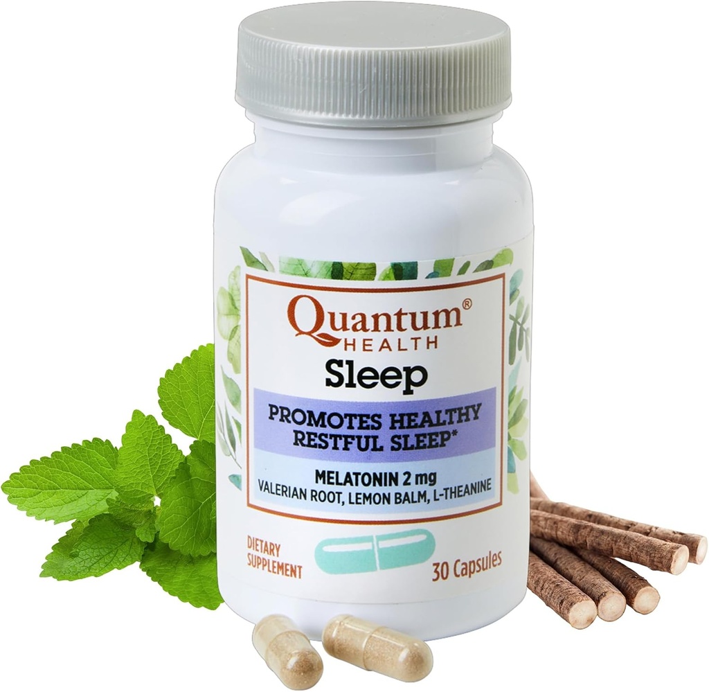 Quantum Health Sleep Melatonin 2mg Healthy Restful Sleep Support Blend with Relaxing Valerian Root, Lemon Baume & L Theanine Daily Mind & Body Well Being for Women & Men - 30 Capsules