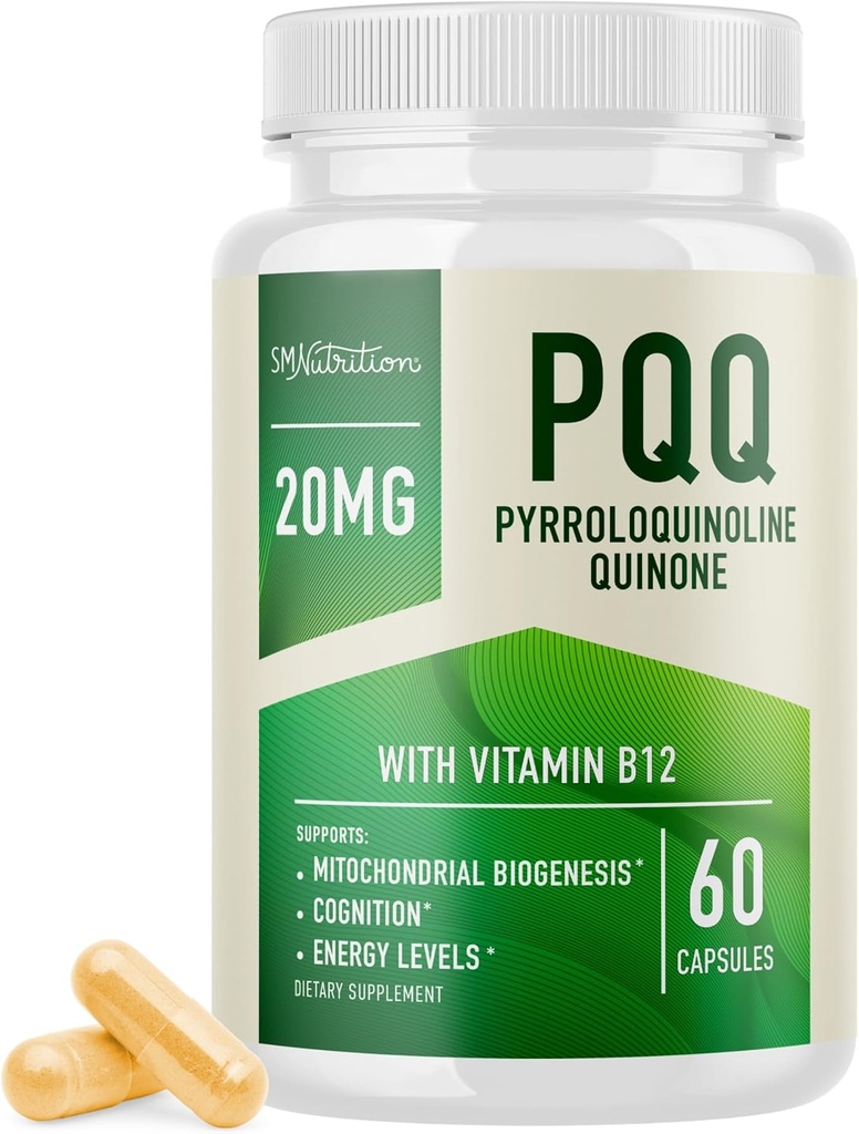 PQ-Ergänzung 20mg | Mitochondrial Biogenesis & Energie Optimizer Mit CoQ10 & Vitamin B12 | unterstützt Gehirngesundheit & Mitochondrien Produktion | Ultra PQQ Formel | Vegan, Gluten-Free | 60 Kapseln