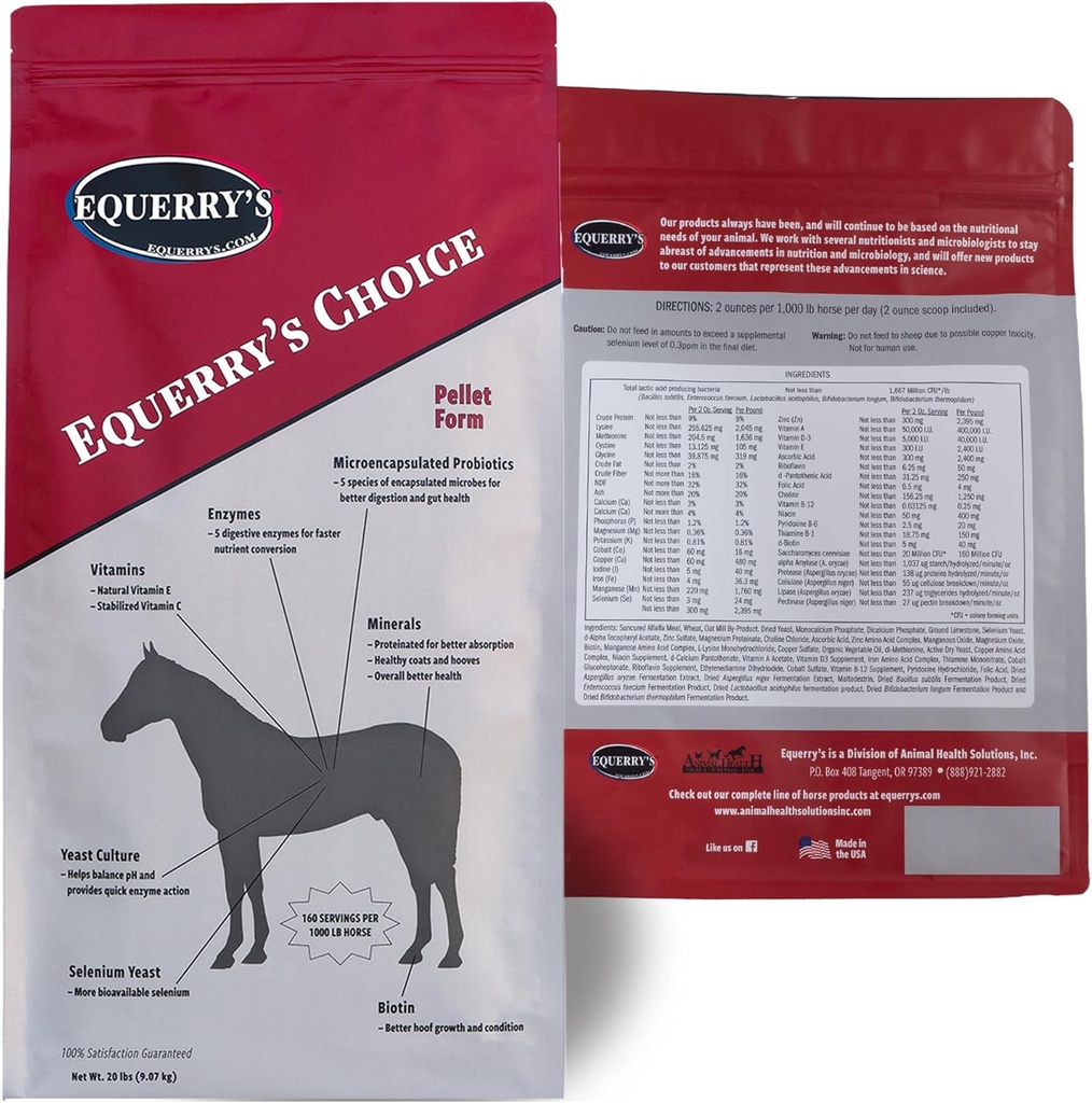 Equerry's Choice Horse Pellets - Komplette Nahrungsergänzung | Verdauungsenzyme | Chelat Vitamine und Mineralien | Pferdeergänzungen | 20 lb