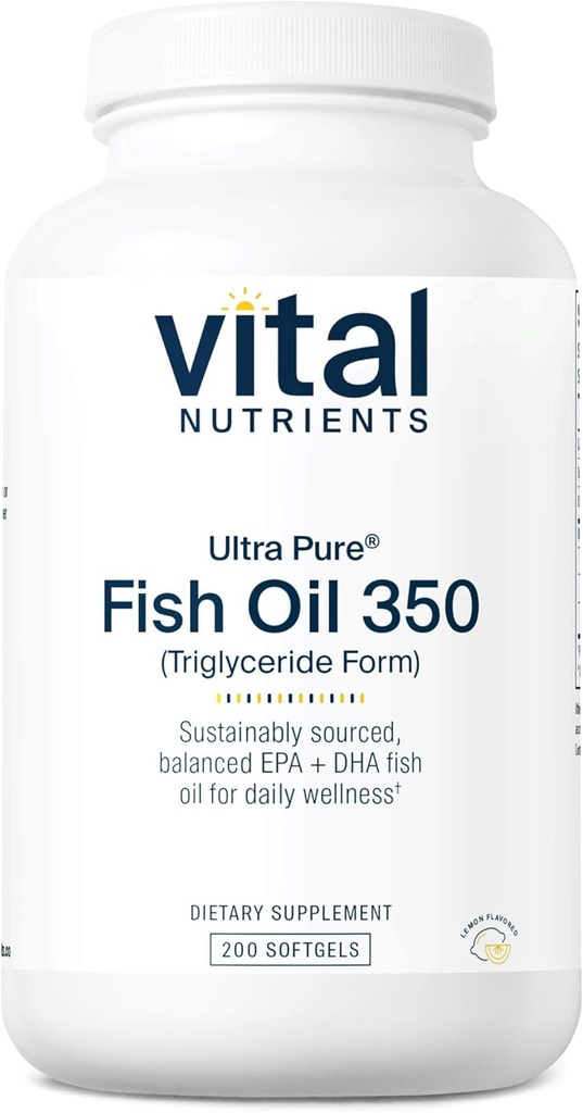 Vital Nährstoffe Ultra Pure® Fischöl 350 | Unterstützt Herz, Gehirn, & Immune Gesundheit* | Sustainable Sourced EPA & DHA Omega-3-Fettsäure | Lemon Flavor | Gluten, Dairy, Soy Free | 200 Softgels