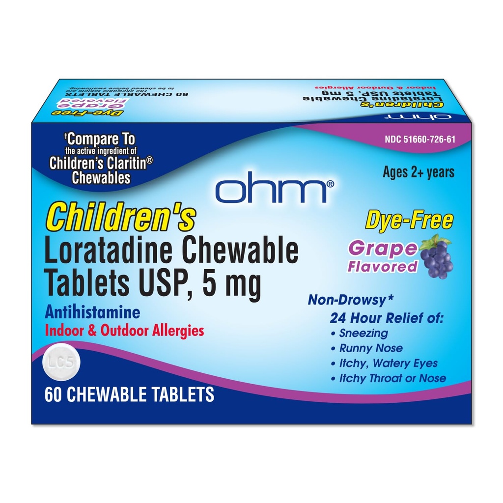 Ohm Enfants Loratadine Comprimés à mâcher, Sans colorant, Raisin, Non somnolent 24h Relief d'éternuement, Nez de runny, Yeux aqueux démangeants, Throat ou Nez, Antihistamine, Allergies Intérieures et Extérieures, 5mg, 60 Comprimés