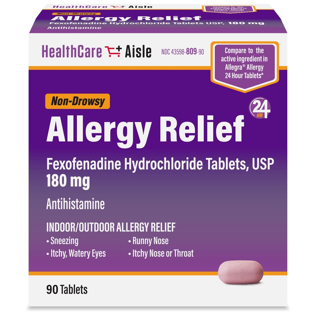 HealthCareAisle Allergy Relief - Comprimés de chlorhydrate de Fexofenadine USP, 180 mg, 90 Comprimés, Allergie Médicament, non somnolence 24h/24