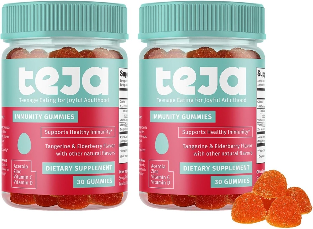 TEJA Immunstützgummis für Teens mit Vitamin D, VIT C, Zink und Acerola. Low Sugar Supplement, Daily Immunity Multivitamin für Alter 12-17 Jugendliche für Erwachsene. 30 Gummi (2 Pack)