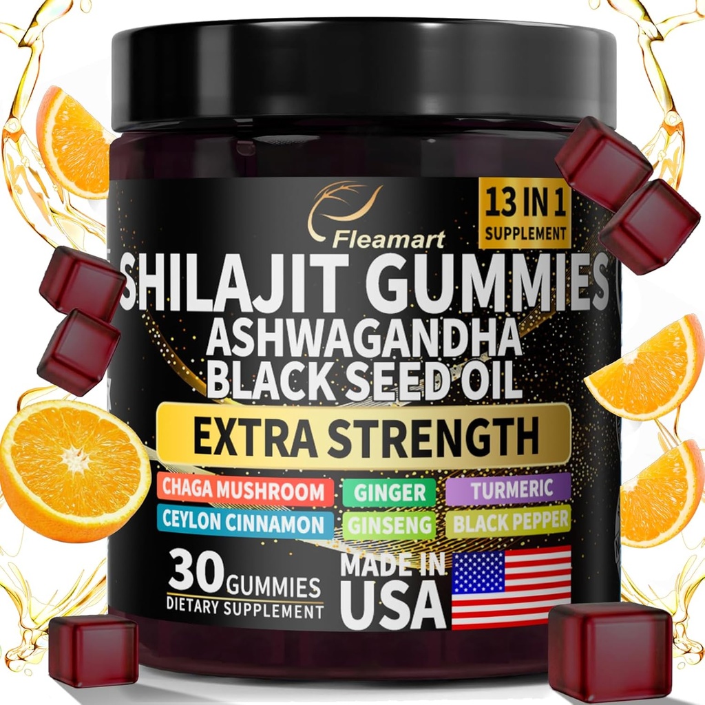Shilajit Gummies, Shilajit Pure Himalayan Gummies mit Ashwagandha, Black Seed Oil, Sugar Free Shilajit Gummies für Männer & Frauen, 30 Count, Orange Flavor