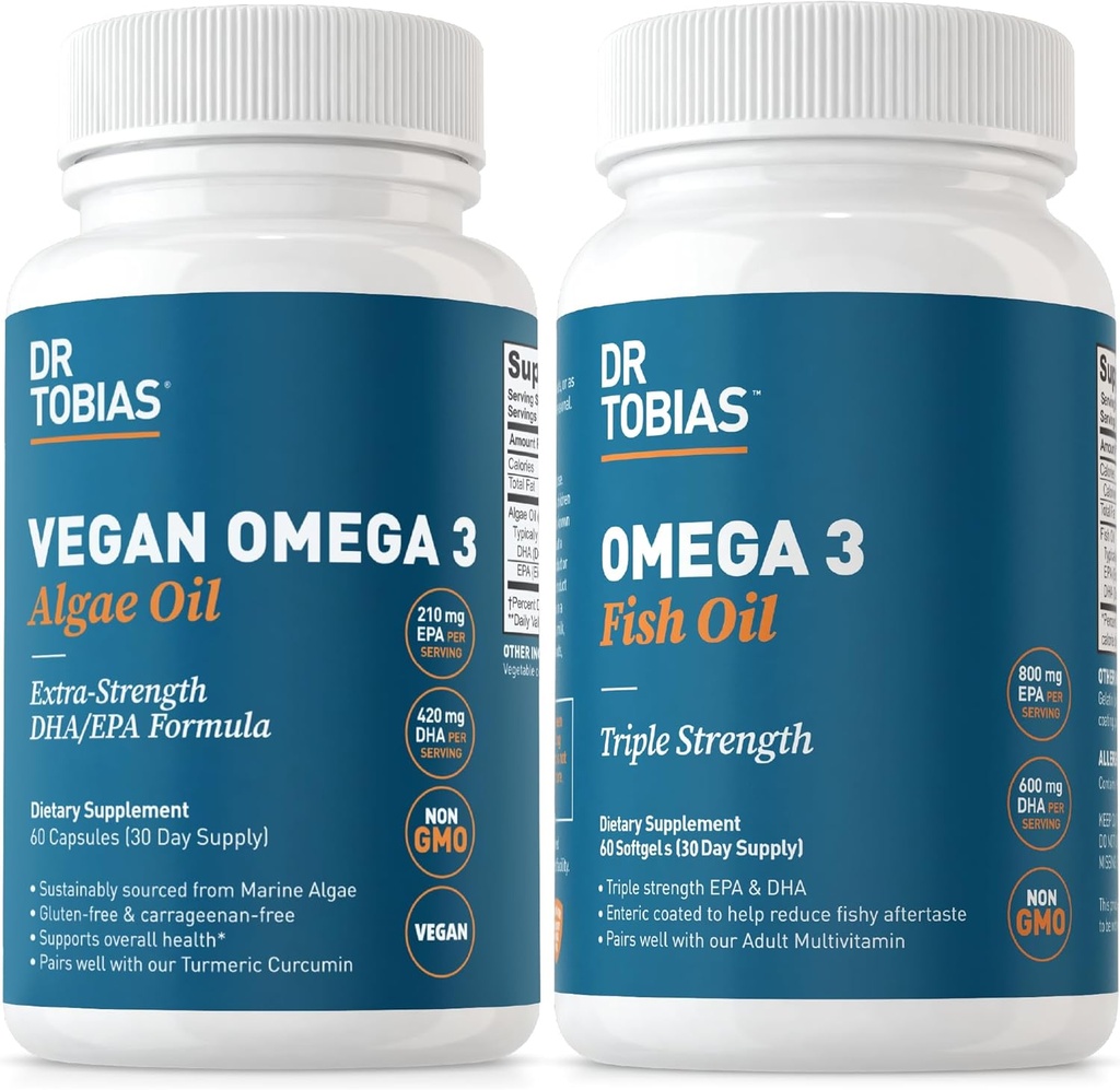 Dr. Tobias Vegan Omega 3 Algenöl und Omega 3 Fischöl, 2 Optionen für umfassende Fettsäureunterstützung, Non-GMO