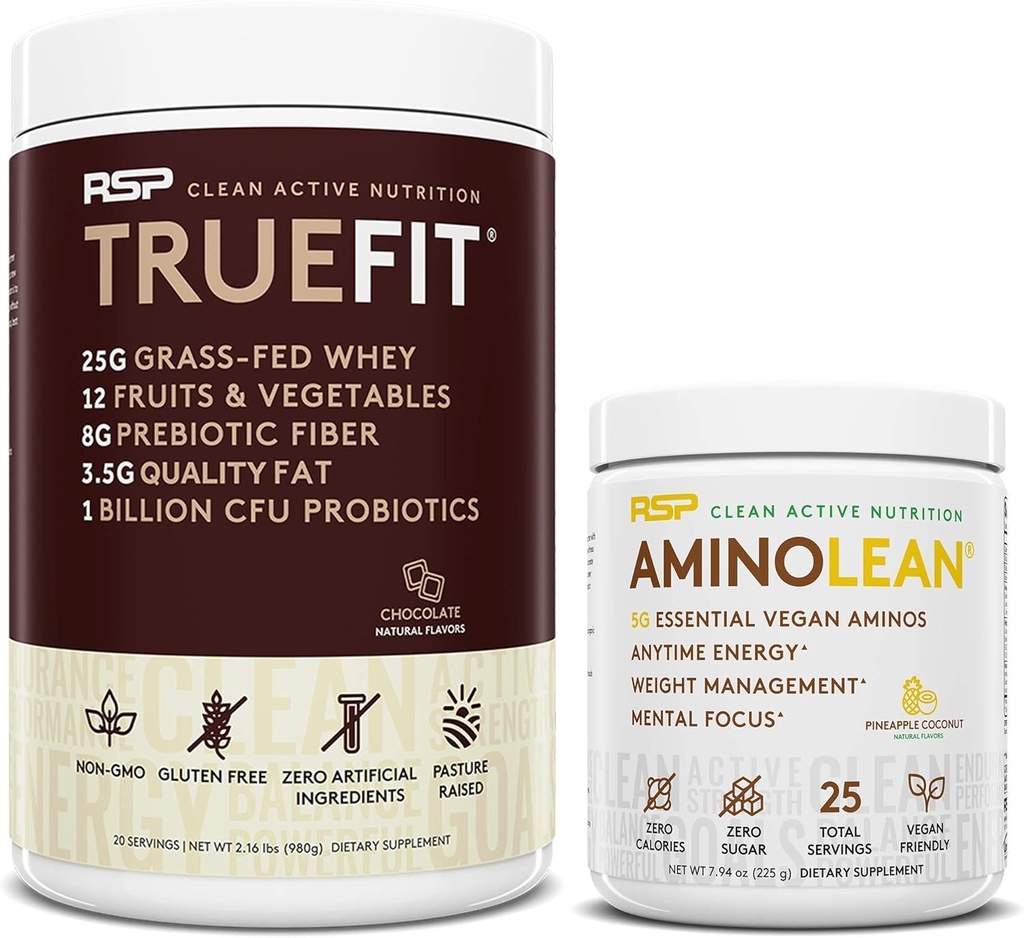 RSP NUTRIITION AminoL'énergie de pré-entraînement végétalienne (vinette 25 portions) avec poudre de protéines TrueFit (chocolat 2 LB)