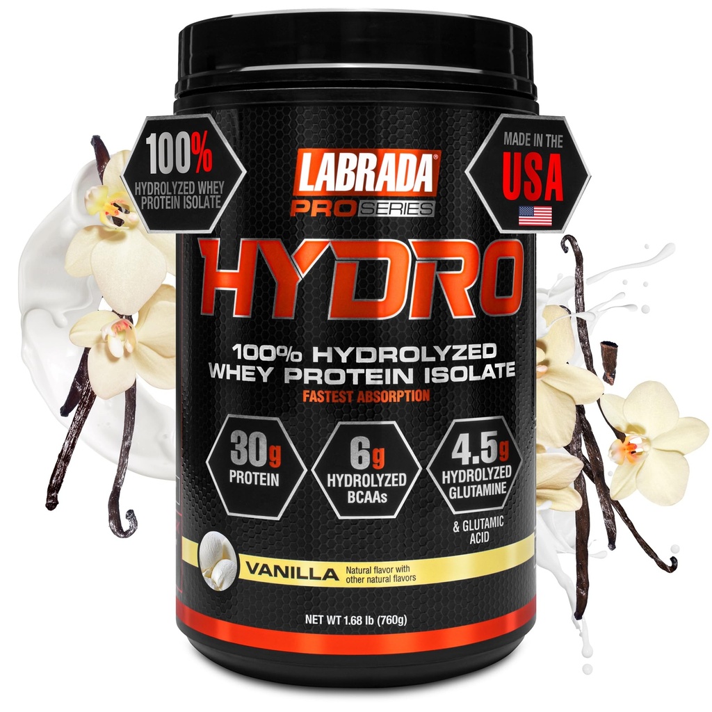 LABRADA Hydro 100% pur hydrolysé poudre isolate de protéines de lactosérum, sans lactose, 6g BCAA, 4,5g de glutamine, plus rapide de digestion Whey disponible, mélange instantané, goût délicieux 20 portions (Vanilla)