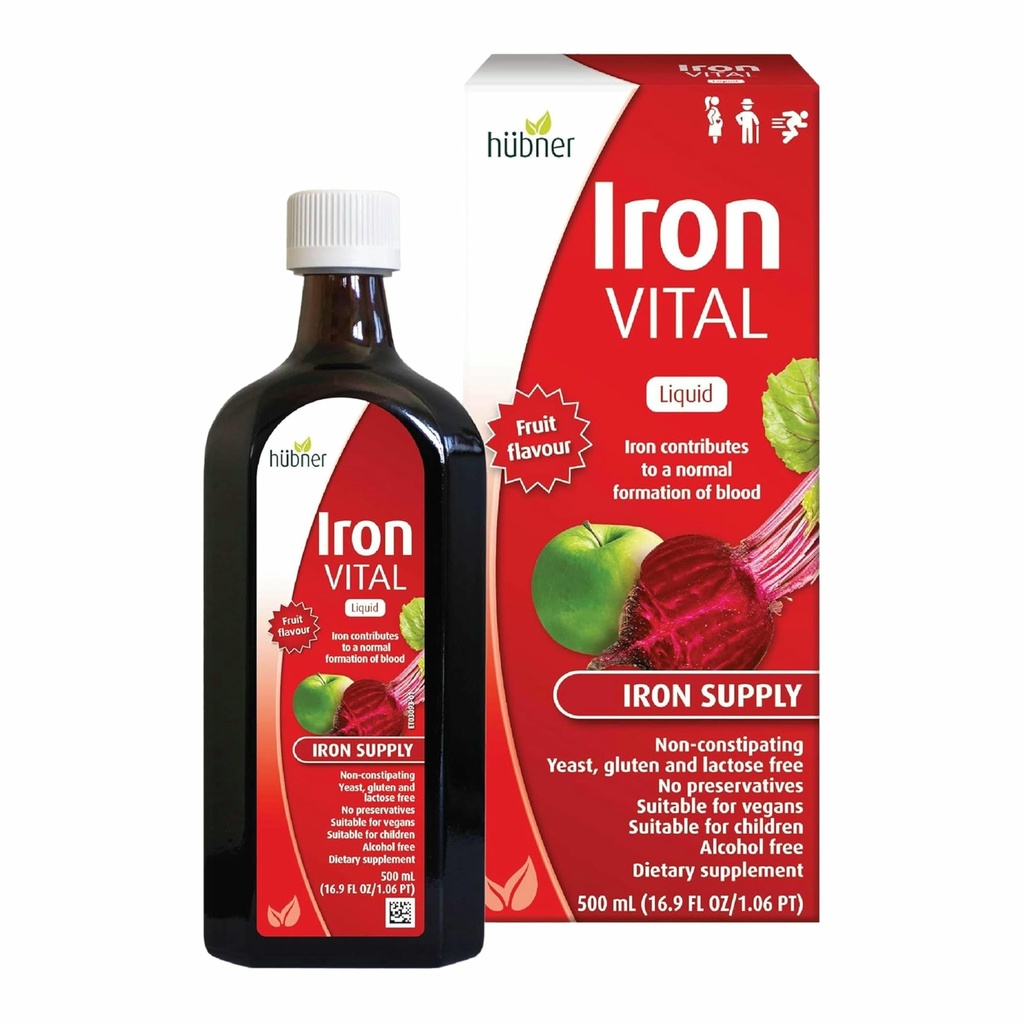 Hübner Hubner Iron Vital Liquid Iron Supply Plus Vitamin C, Nahrungsergänzung für Erwachsene und Kinder, Vegan und Glutenfrei, Fruchtgeschmack, 500 ml Flasche, 50 Portionen